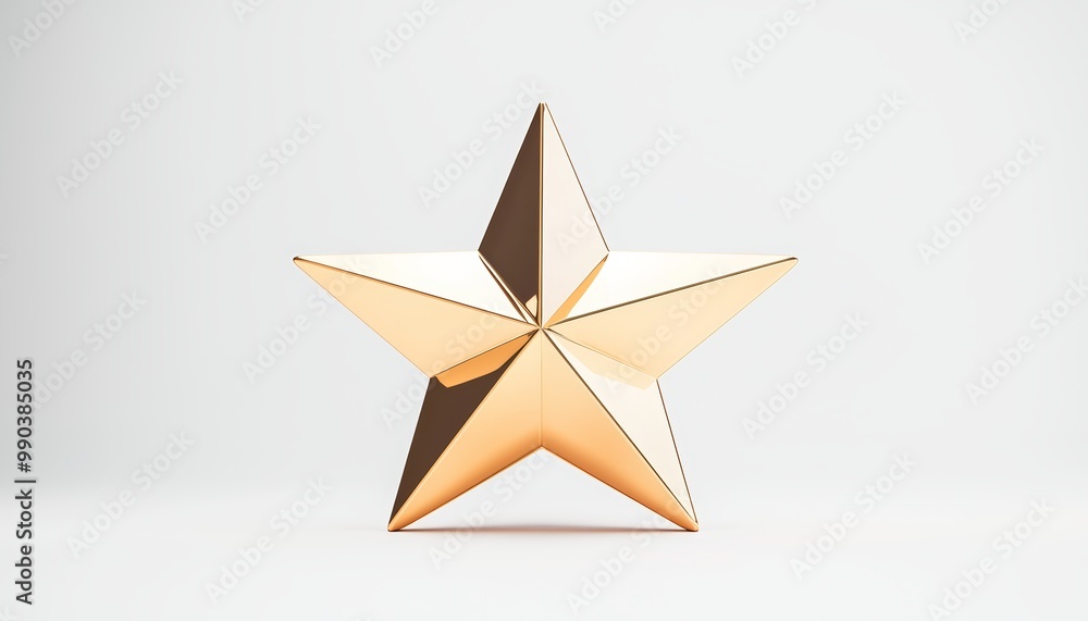 Fototapeta premium A 3D gold star with smooth reflective surfaces, soft lighting and shadows, hyper-realistic rendering, isolated on white background