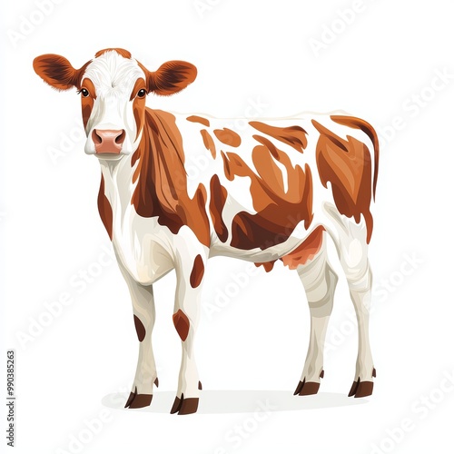 A brown and white spotted farm cow, full body shot, minimalistic design, vector art style, isolated on white background photo