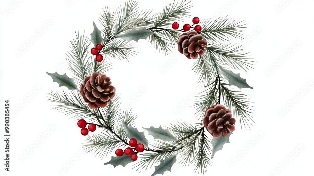 A Christmas wreath with evergreen branches and pinecones, soft watercolor effect, natural holiday theme, isolated on white background A Christmas wreath with evergreen branches and pinecones, soft watercolor effect, natural holiday theme, isolated on white background