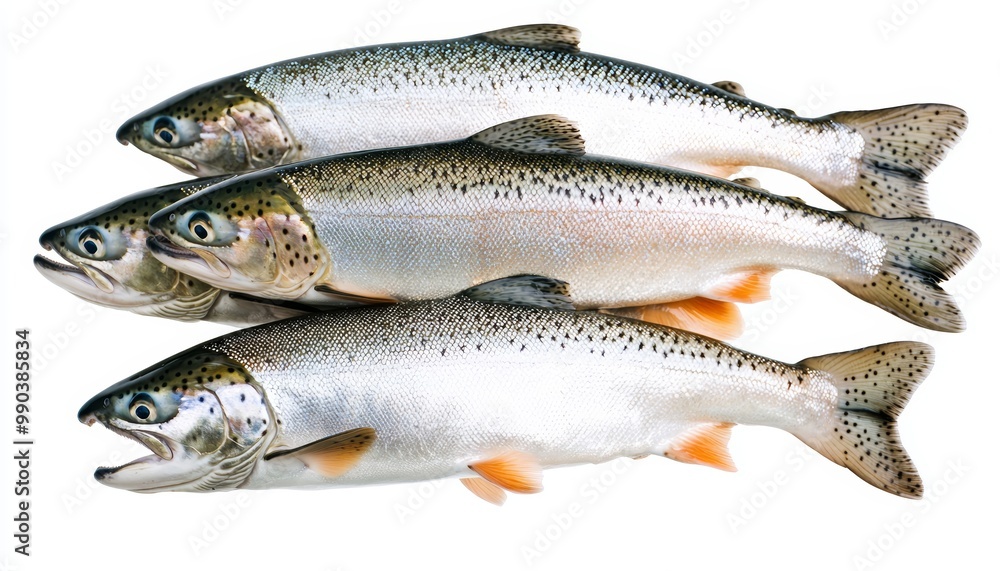 A collection of salmon fish in mid-air, soft lighting and realistic textures, underwater photography style, isolated on white background A collection of salmon fish in mid-air, soft lighting and realistic textures, underwater photography style, isolated on white background