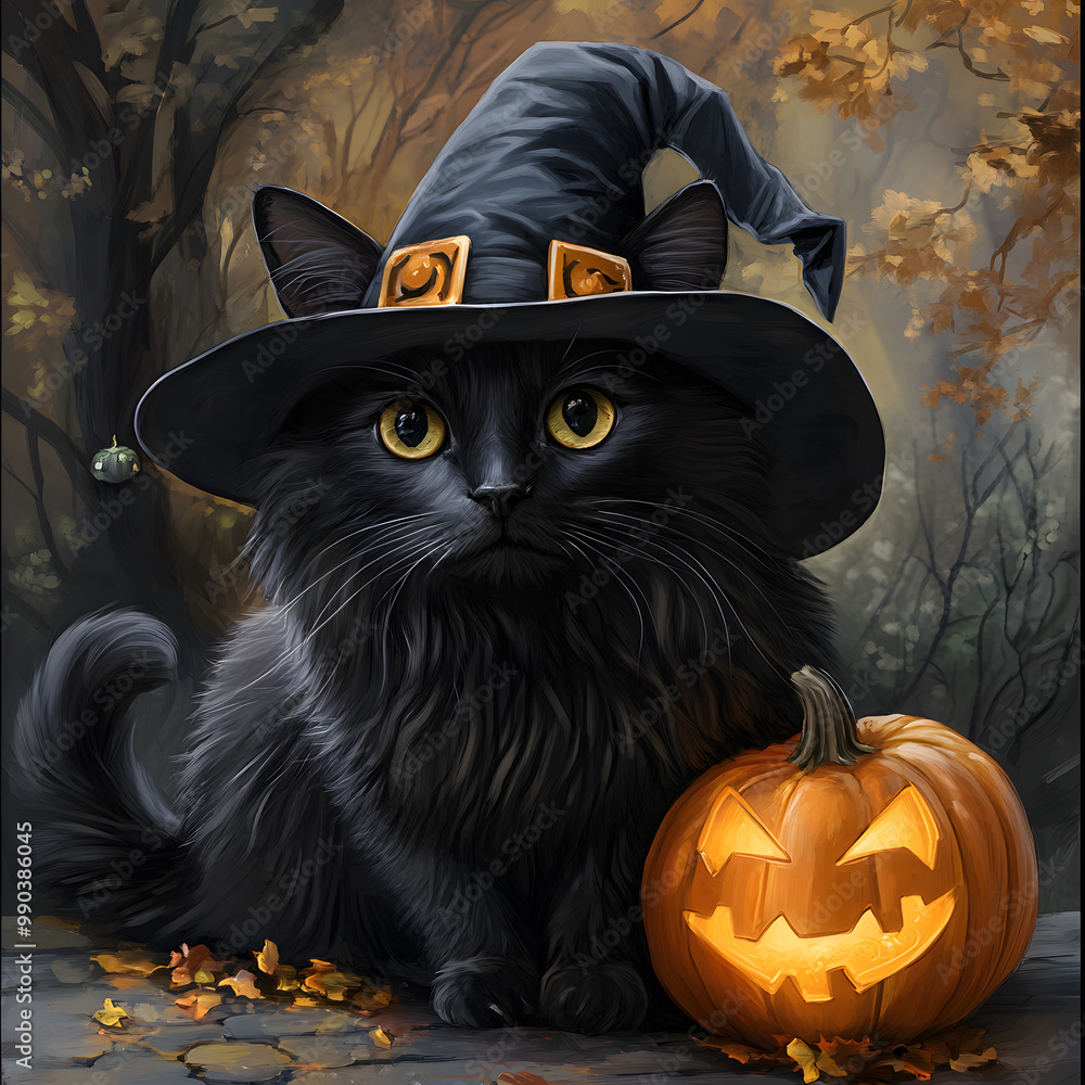 Nice little black cat in a witch's hat sits beside a orange pumpkin with autumn leaves in forest in Halloween style Nice little black cat in a witch's hat sits beside a orange pumpkin with autumn leaves in forest in Halloween style