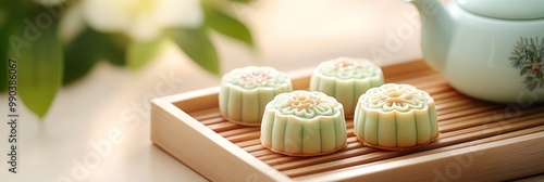 A beautifully arranged set of pastel-colored mooncakes on a wooden tray photo