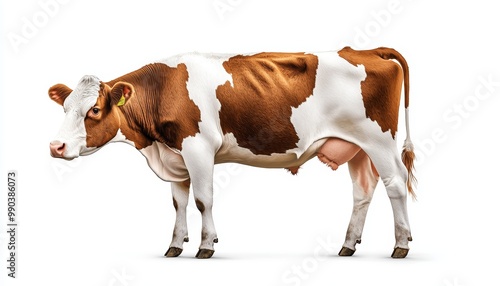 A detailed cow with brown patches, grazing position, natural texture, ultra-realistic rendering, isolated on white background photo