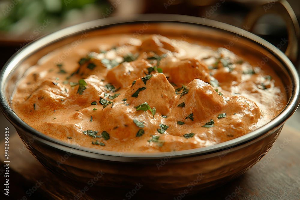 Meal of butter chicken in a bowl on a wooden table Meal of butter chicken in a bowl on a wooden table