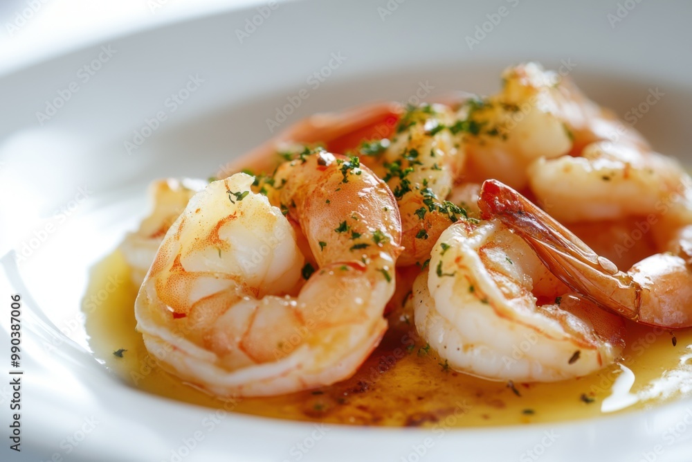 Delicious sautéed shrimp served in a light sauce with herbs on a white plate Delicious sautéed shrimp served in a light sauce with herbs on a white plate