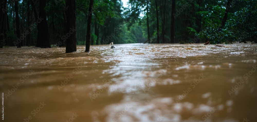 Fototapeta premium A forest partially submerged by floodwaters, with animals taking refuge on high ground