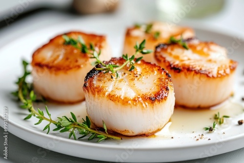 Seared scallops garnished with fresh herbs on a white plate for an elegant dining experience