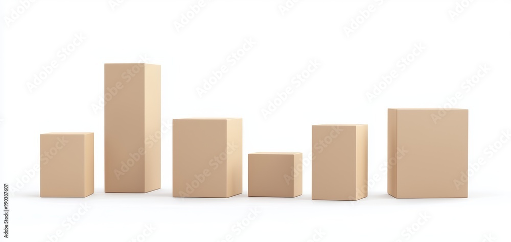 Obraz premium A group of five cardboard boxes in various sizes, minimalistic packaging design, clean and modern look, isolated on white background