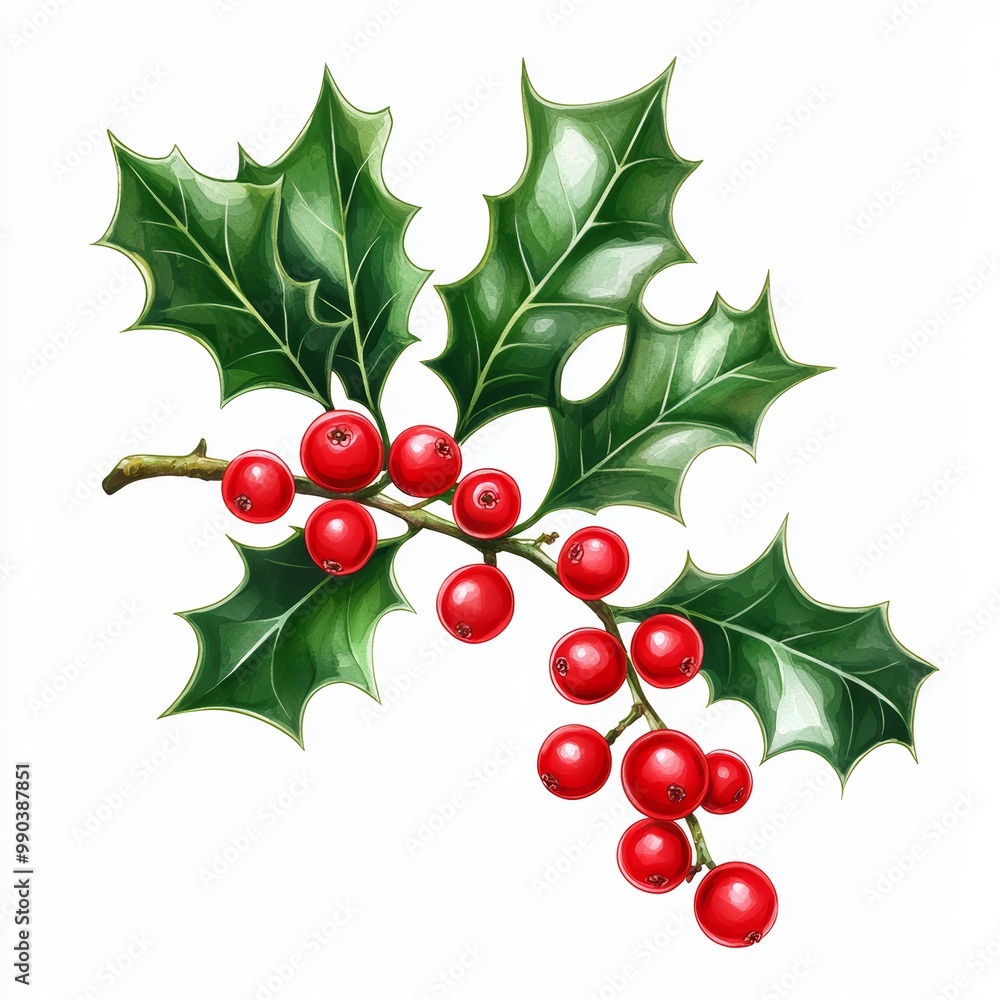 A holly branch with bright red berries and sharp green leaves, detailed botanical illustration, isolated on white background A holly branch with bright red berries and sharp green leaves, detailed botanical illustration, isolated on white background