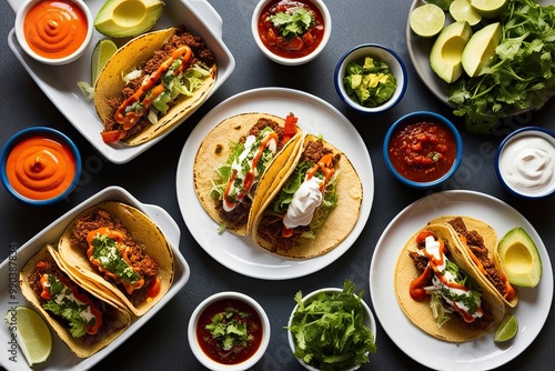 Stunning Aerial Shot of Delicious Mexican Tacos with Tasty Sauces and Fresh Sides