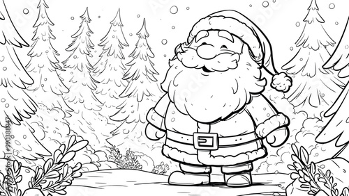 Happy Santa Claus Standing in Winter Forest Clearing Coloring Book Page for Kids Jolly Illustration Festive Snowy Scene Fun Christmas Drawing for Children Cheerful Holiday Art Page