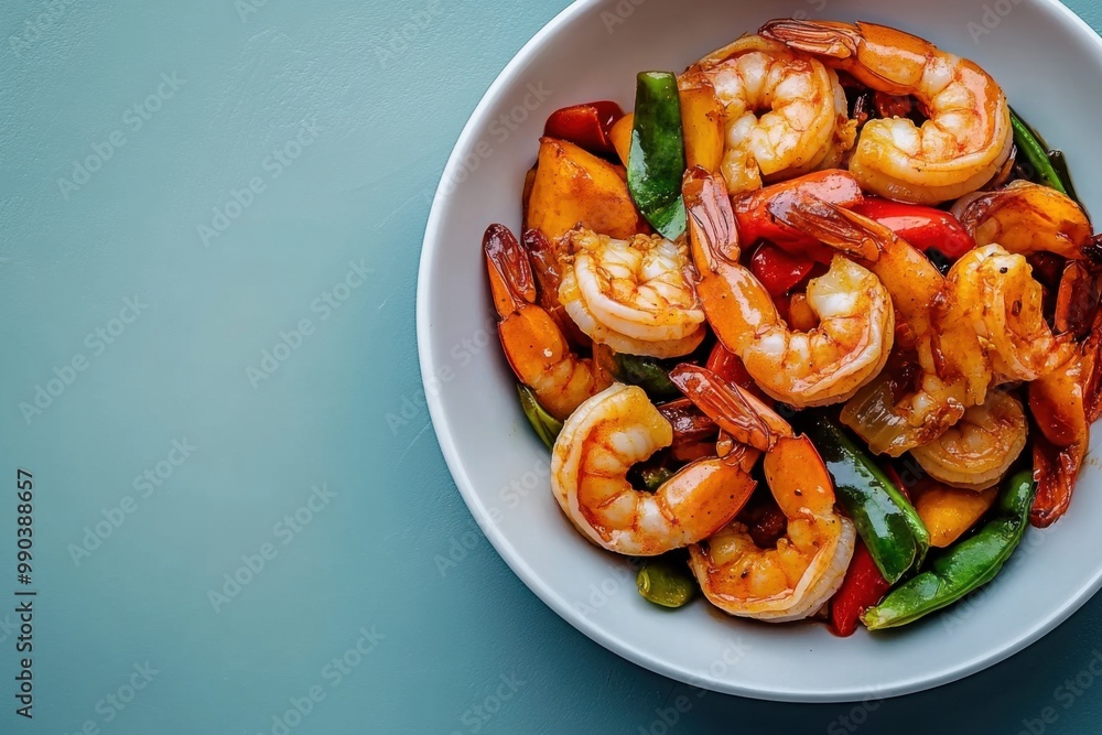 Vibrant shrimp dish served on a plain surface with colorful peppers and vegetables Vibrant shrimp dish served on a plain surface with colorful peppers and vegetables