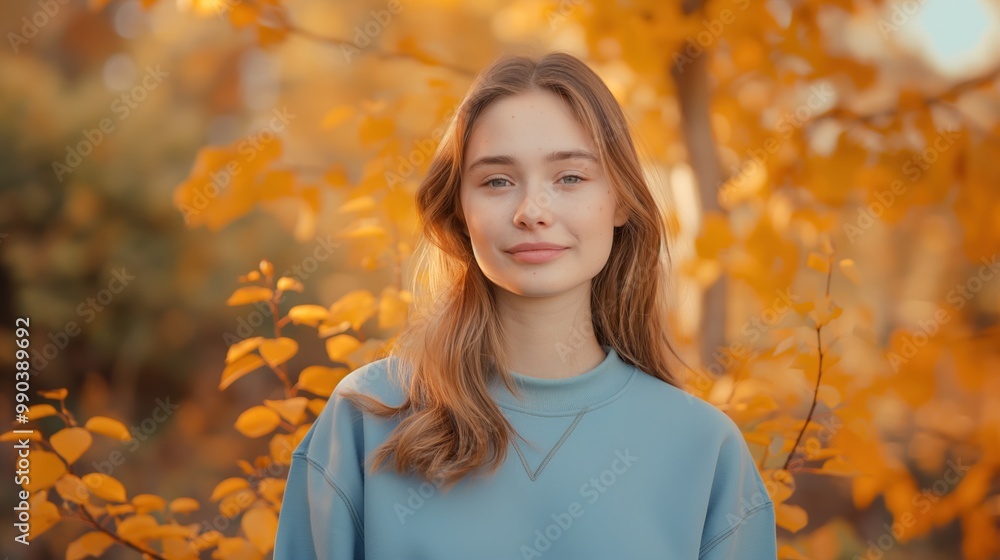 Young Woman in Stylish Blue Sweatshirt Against Autumn-Inspired Background