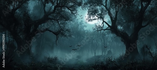 spooky moonlit forest scene with eerie fog and bats flying in the night sky