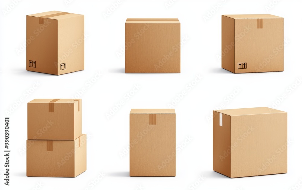A set of brown cardboard boxes stacked, simple packaging concept, photorealistic style, isolated on white background A set of brown cardboard boxes stacked, simple packaging concept, photorealistic style, isolated on white background