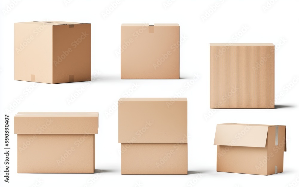 A set of brown cardboard boxes stacked, simple packaging concept, photorealistic style, isolated on white background A set of brown cardboard boxes stacked, simple packaging concept, photorealistic style, isolated on white background