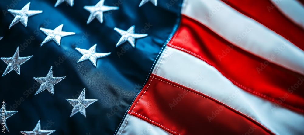 Close-Up of American Flag Showing Stars and Stripes in Vivid Colors and Textures Close-Up of American Flag Showing Stars and Stripes in Vivid Colors and Textures