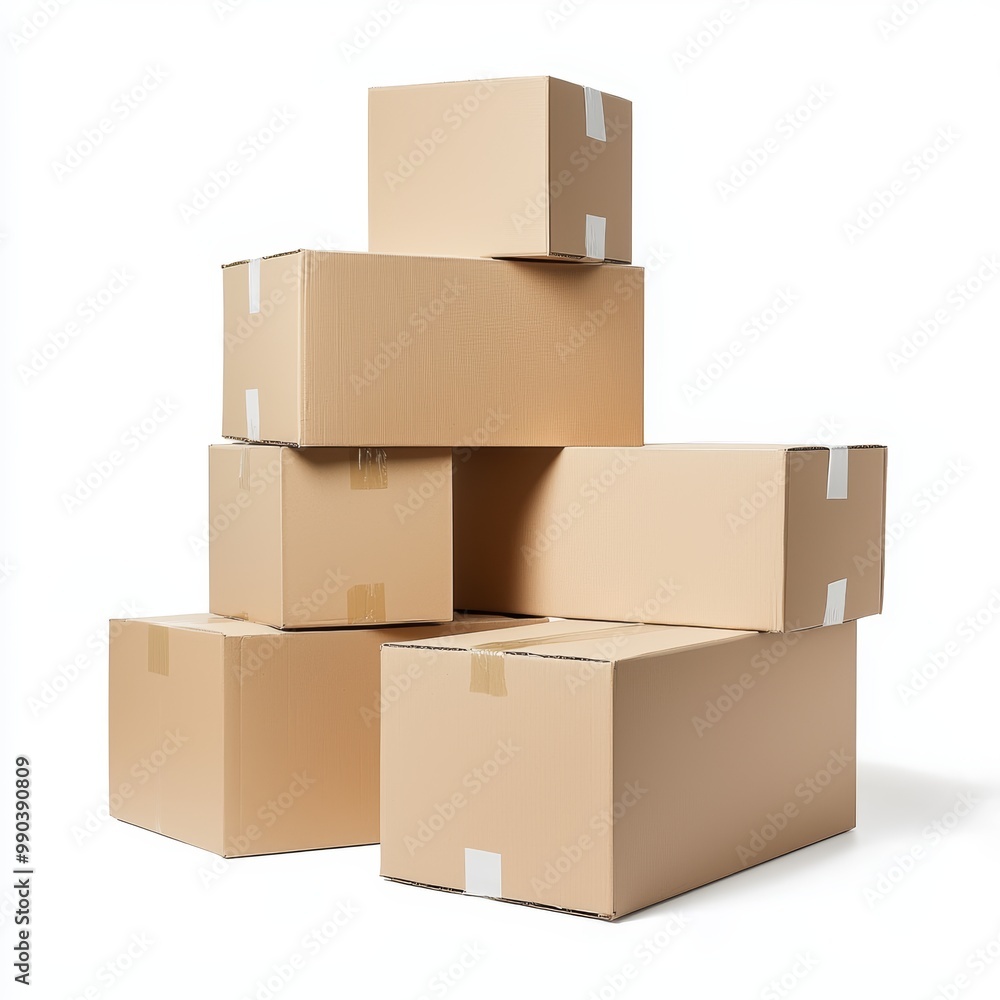 A stack of plain cardboard boxes, packing and delivery theme, minimal design with soft shadows, isolated on white background A stack of plain cardboard boxes, packing and delivery theme, minimal design with soft shadows, isolated on white background