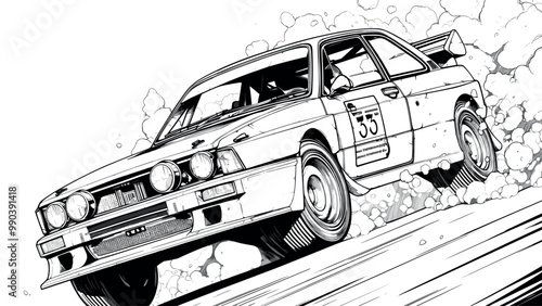 High-Speed Sport Rally Car Coloring Book Page Dynamic Rally Illustration Fast Action Scene Fun Racing Drawing for Children Exciting Vehicle Art Page