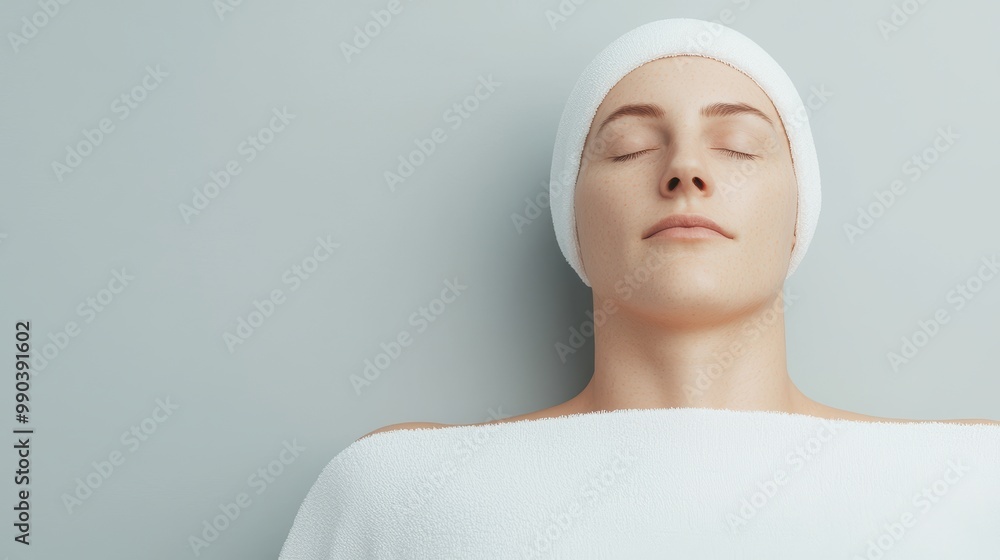 Calm Woman Relaxing with Closed Eyes in Spa Setting Calm Woman Relaxing with Closed Eyes in Spa Setting