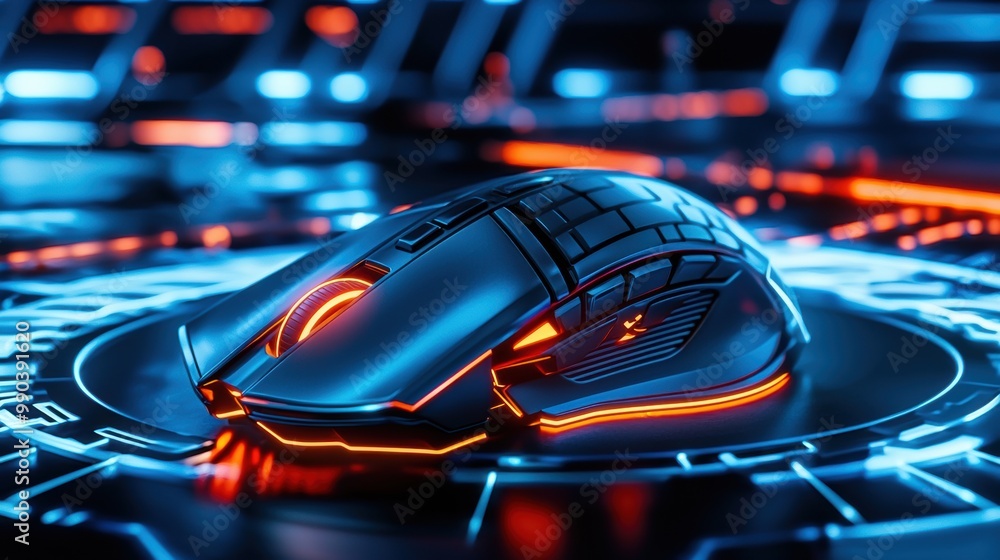 Futuristic Gaming Mouse on Neon Circuit Background Futuristic Gaming Mouse on Neon Circuit Background