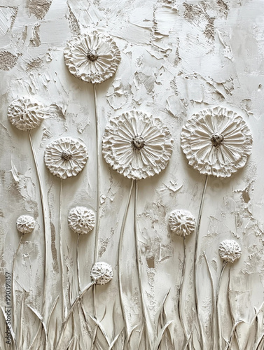 3D three-dimensional image of dandelions on a concrete background. flowers made of plaster.