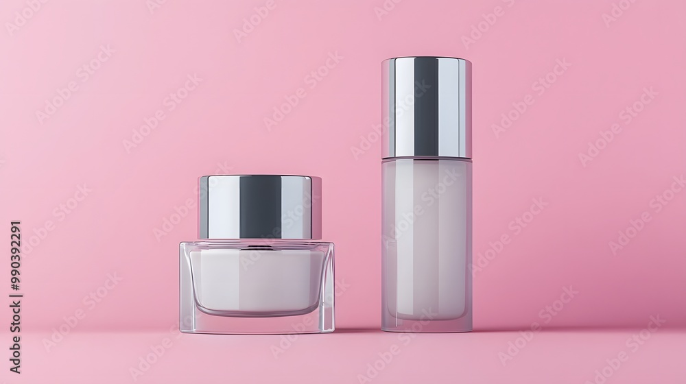 Two elegant skincare containers sit on a pink background, showcasing a modern, minimalist design perfect for beauty products. Two elegant skincare containers sit on a pink background, showcasing a modern, minimalist design perfect for beauty products.