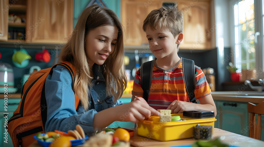 Mom packing snack for her son for school. Putting lunch box with healthy snack into his school bag for lunch Mom packing snack for her son for school. Putting lunch box with healthy snack into his school bag for lunch