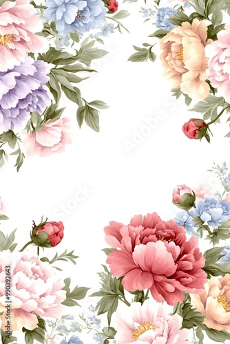 A floral design featuring colorful peonies and other blossoms against a white background, creating an elegant and vibrant visual.