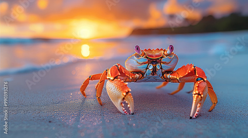 A cute red crab chilling on the sand during the sunrise. photo