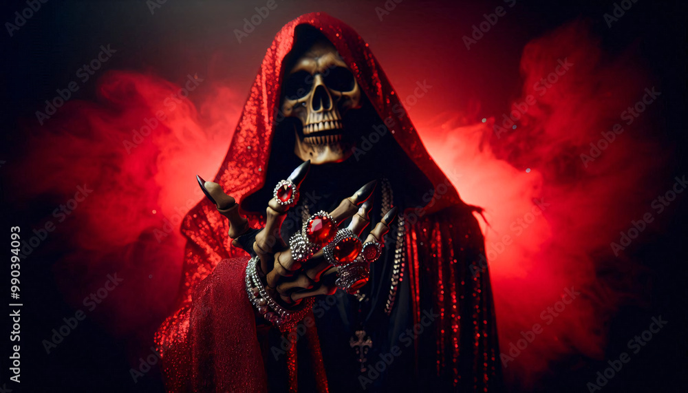 Grim reaper with red cloak adorned with luxurious jewelry reaching towards the camera isolated on smoky scary dark background with copy space, Halloween