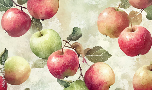Watercolor Pattern of Apples in an Orchard red and green apples on a watercolor background of pastel tones, evoking associations with the autumn harvest