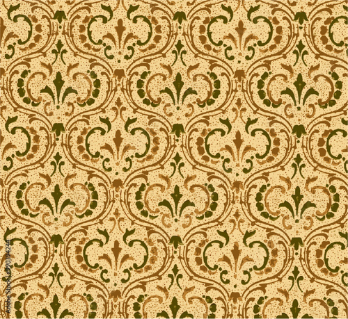 Vintage floral wallpaper pattern with green and brown swirls on a beige background.