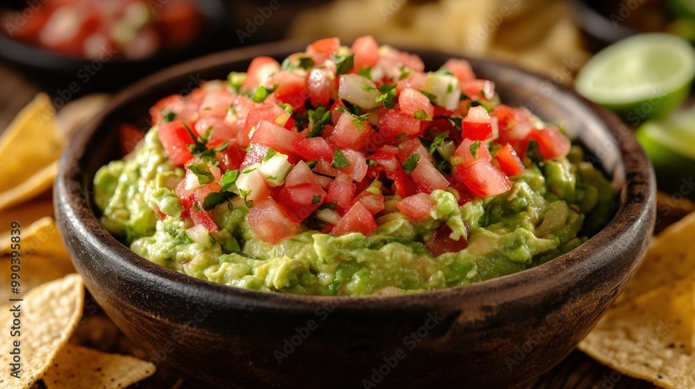 Bowl of guacamole with salsa and tortilla chips. Bowl of guacamole with salsa and tortilla chips.
