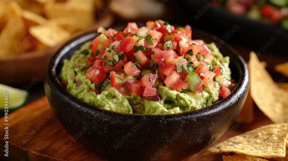 Close up of a bowl of guacamole topped with pico de gallo, served with tortilla chips. Close up of a bowl of guacamole topped with pico de gallo, served with tortilla chips.