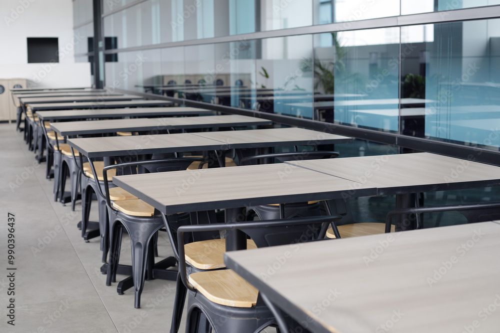 Close up of dining table and chair with defocused environment. Eating environment. Close up of dining table and chair with defocused environment. Eating environment.