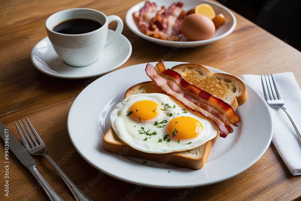Hearty Breakfast with Eggs, Bacon, Toast, and Fresh Coffee Hearty Breakfast with Eggs, Bacon, Toast, and Fresh Coffee