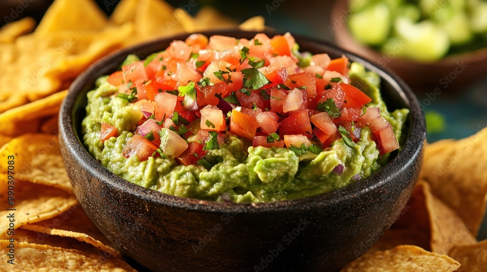 Close-up of a bowl of guacamole with pico de gallo and tortilla chips. Close-up of a bowl of guacamole with pico de gallo and tortilla chips.