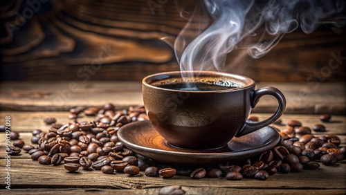 Steaming cup of coffee surrounded by roasted beans on a rustic wooden table, cozy atmosphere, copy space
