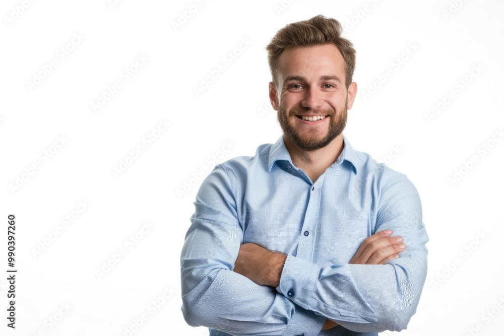Man White Background. Handsome Businessman in Blue Shirt Standing with Crossed Arms, Corporate Isolated Portrait Man White Background. Handsome Businessman in Blue Shirt Standing with Crossed Arms, Corporate Isolated Portrait