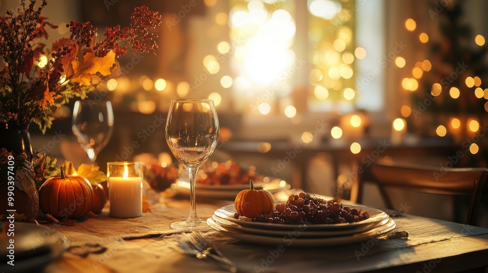 Cozy autumn dinner table setting with glowing lights, pumpkins, and candles creating a warm and inviting atmosphere. Cozy autumn dinner table setting with glowing lights, pumpkins, and candles creating a warm and inviting atmosphere.