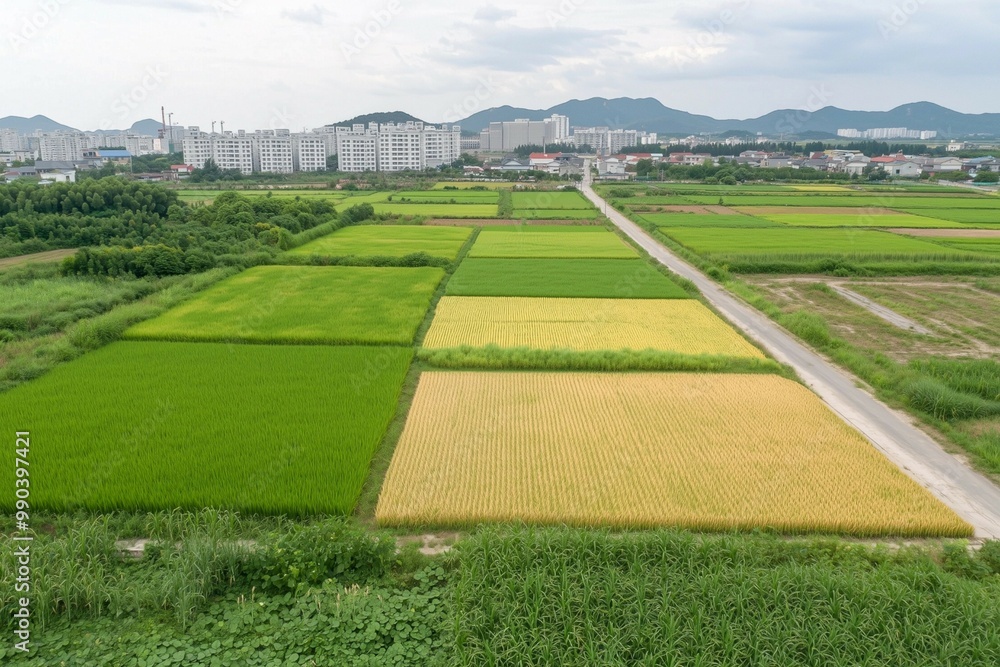 Lush Green Rice Fields with Distant Mountain View Lush Green Rice Fields with Distant Mountain View