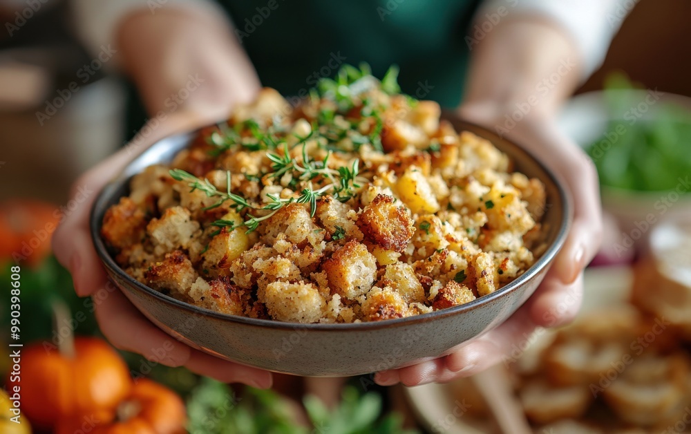 Close-up of hands holding a bowl of delicious bread stuffing garnished with fresh herbs, perfect for holiday meals and festive gatherings. Close-up of hands holding a bowl of delicious bread stuffing garnished with fresh herbs, perfect for holiday meals and festive gatherings.