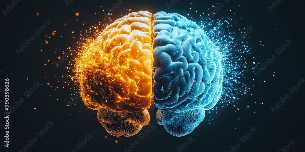 This image shows a human brain with two halves, one in orange and one in blue.