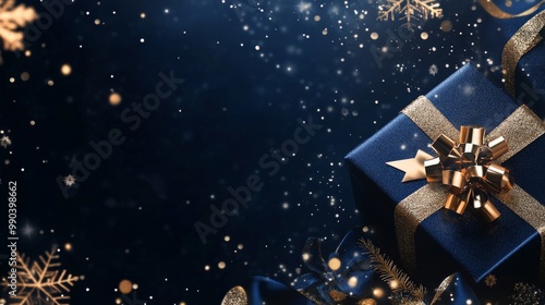 Elegant Christmas Banner with Gold Accents, Gift Box, and Holiday Copy Space