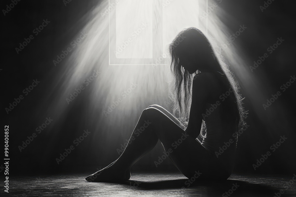 Silhouette of a depressed woman sitting on the floor in a dark room ...