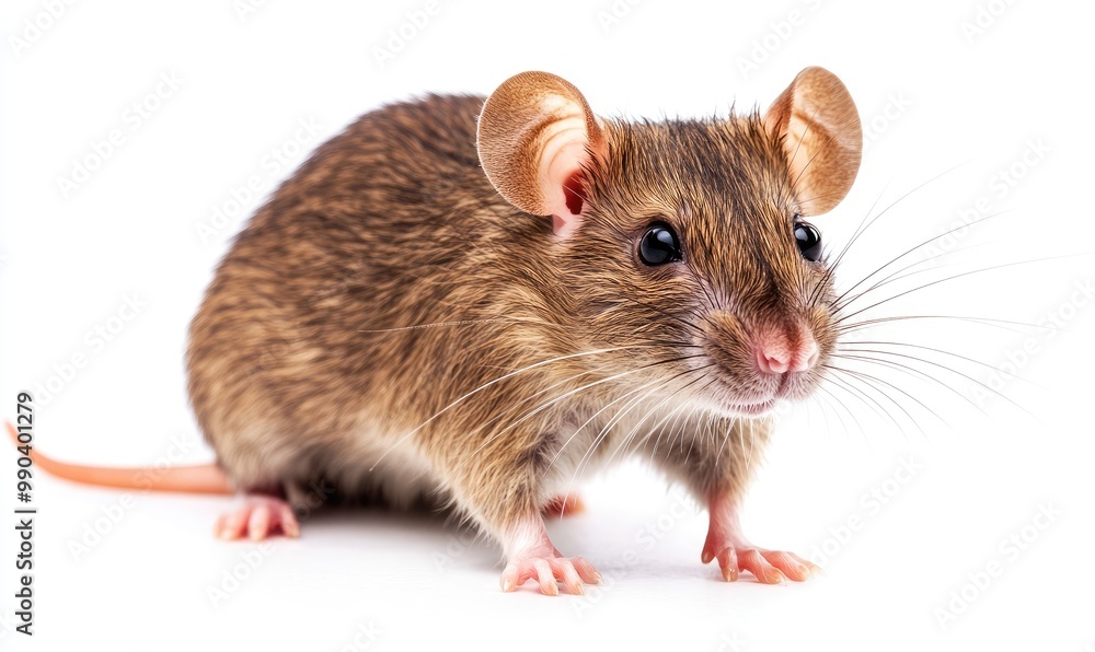 A brown and white mouse is standing on a white background A brown and white mouse is standing on a white background