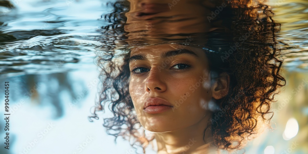 Fototapeta premium A woman's face partially submerged in water with curly hair.