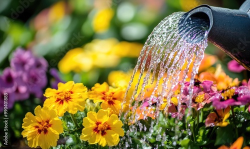 Fototapeta Naklejka Na Ścianę i Meble -  A garden hose is watering a garden full of flowers