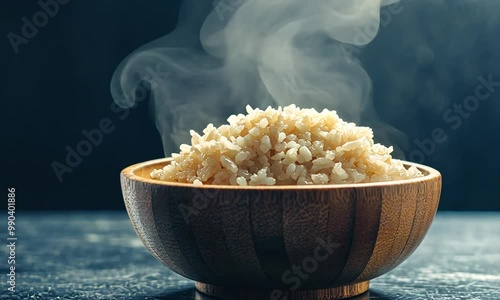 Freshly Cooked Brown Rice in a Wooden Bowl